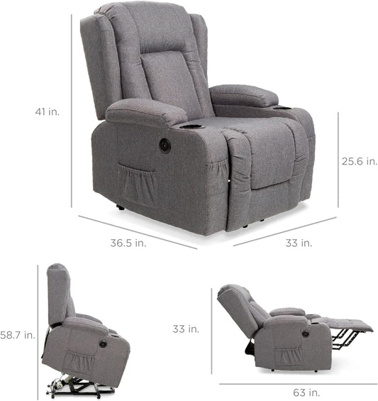 Modern Linen Electric Power Lift Chair, Recliner Massage Chair, Adjustable Furniture for Back, Legs W/ 3 Positions, USB Port, Heat, Cupholders, Easy-To-Reach Button - Gray-1