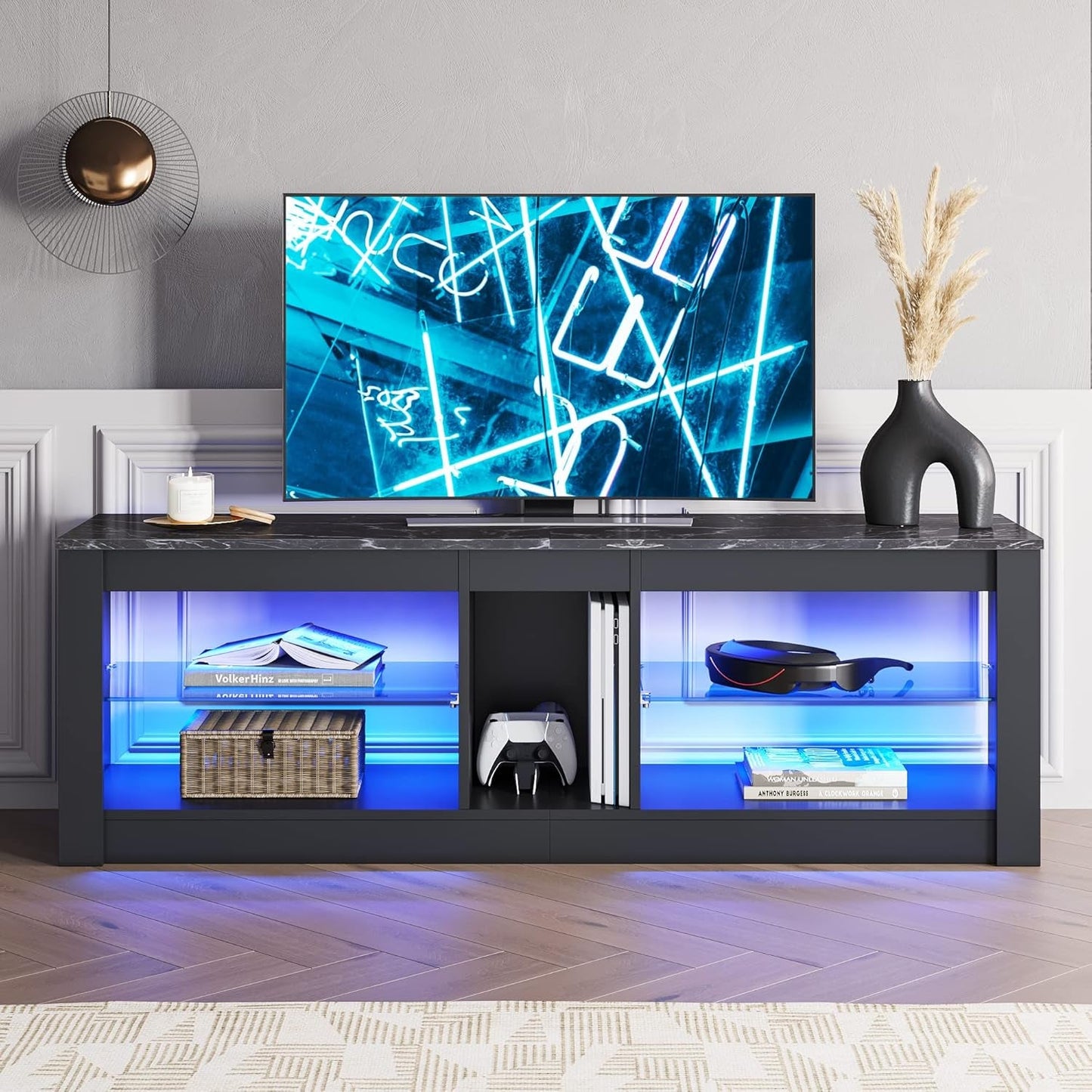 Entertainment Center LED Gaming TV Stand for 55+ Inch TV Adjustable Glass Shelves 22 Dynamic RGB Modes TV Cabinet Game Console PS4, Black Marble-4
