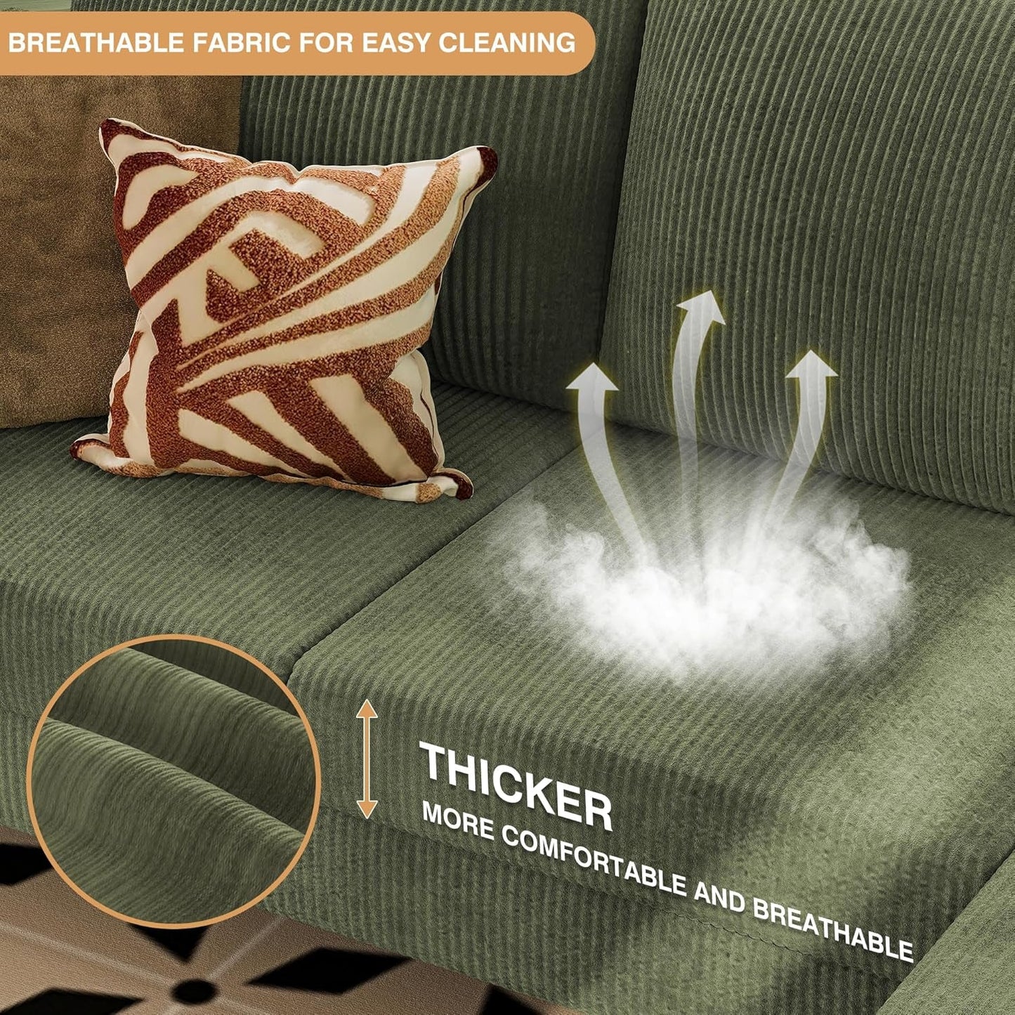 Green Corduroy Convertible L-Shape Sofa with Ottoman-4