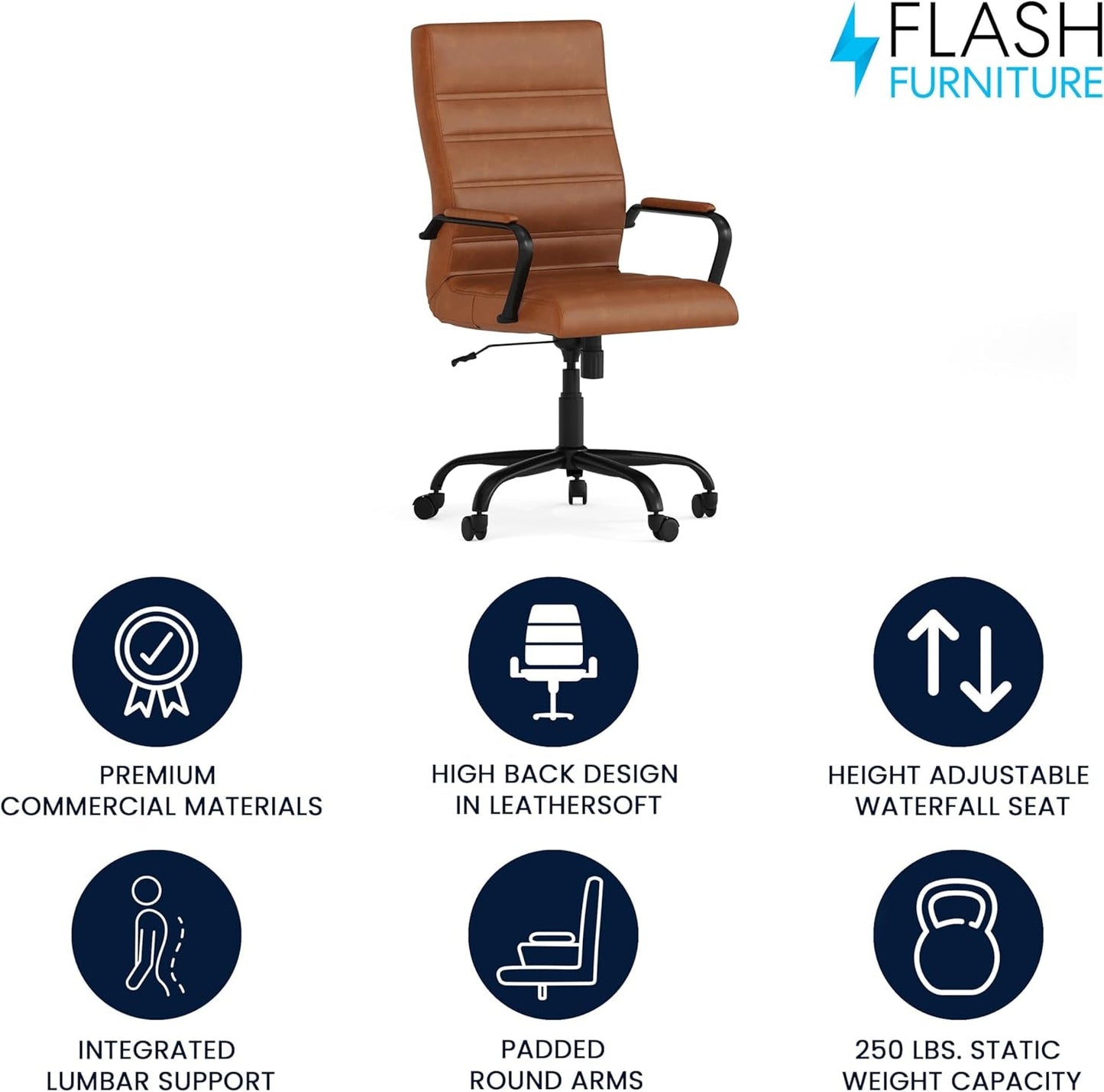 Whitney High-Back Swivel Leathersoft Desk Chair with Padded Seat and Armrests, Adjustable Height Padded Leathersoft Office Chair, Brown/Black Gold-3