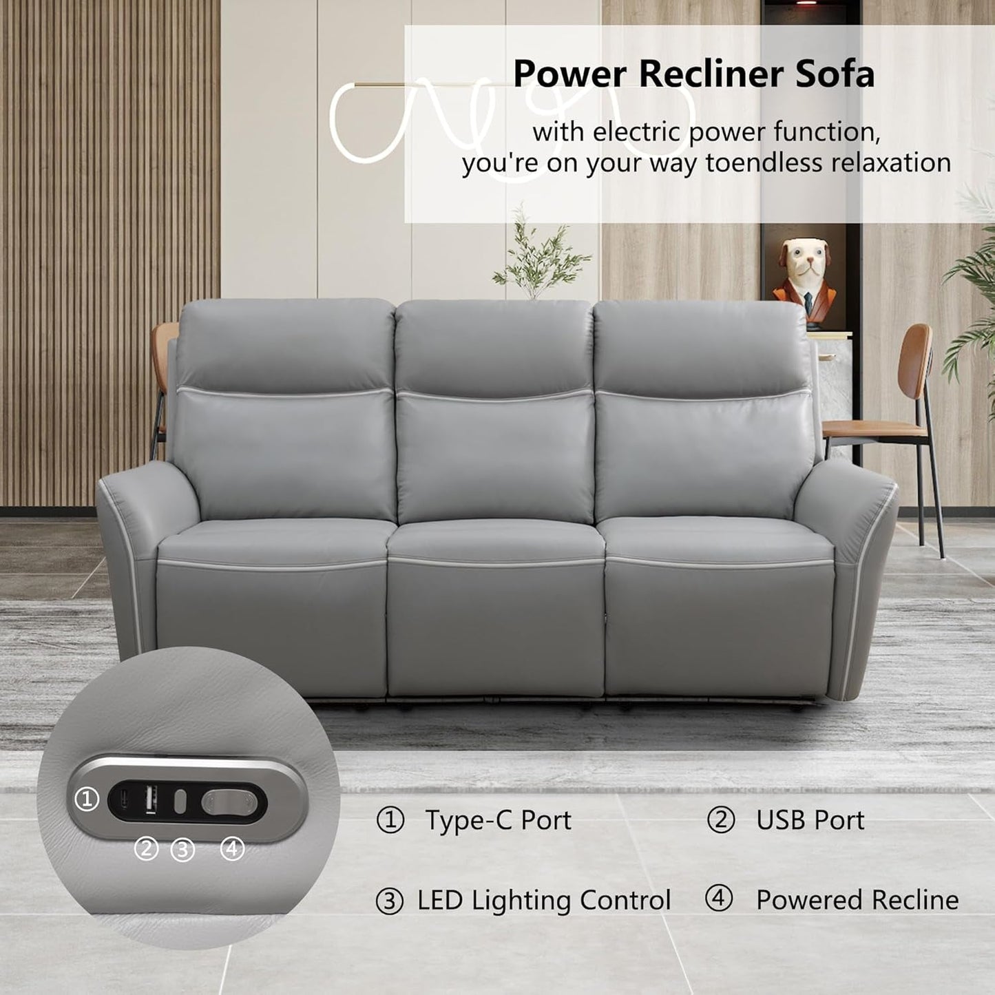 Power Recliner Sofa Set with LED, Breathing Leather Reclining Sofa Set, Living Room Set Recliner Couch Loveseat with USB Port/Cup Holder/Storage for Living Room (3 Pieces Couch Set, Light Grey)-4