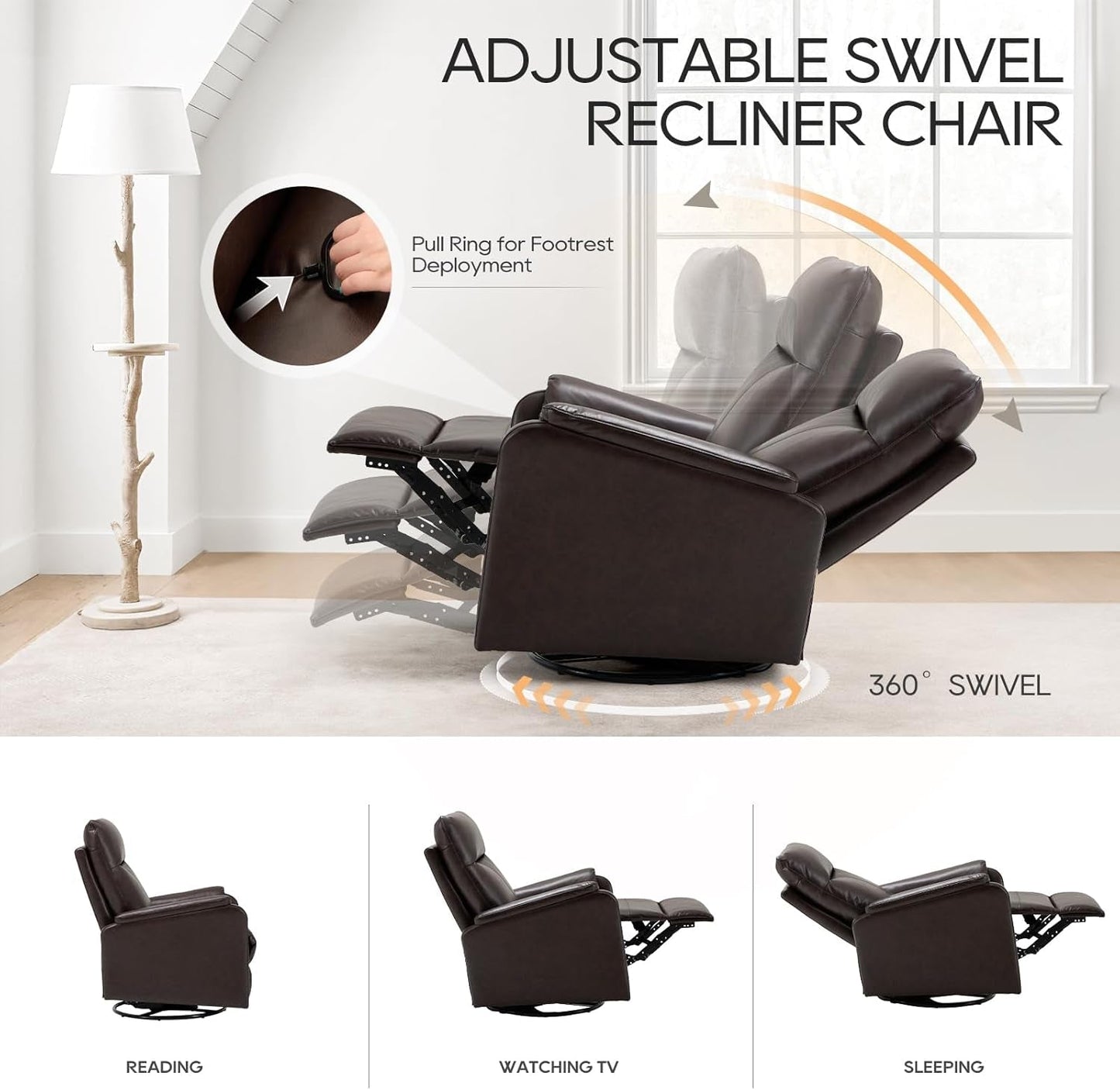 Recliner Chair, Living Room Glider Chairs Home Theater Seat PU Leather Couch Sofa Chair with Footrest Cushion Swivel Modern Bedroom, Chocolate-4