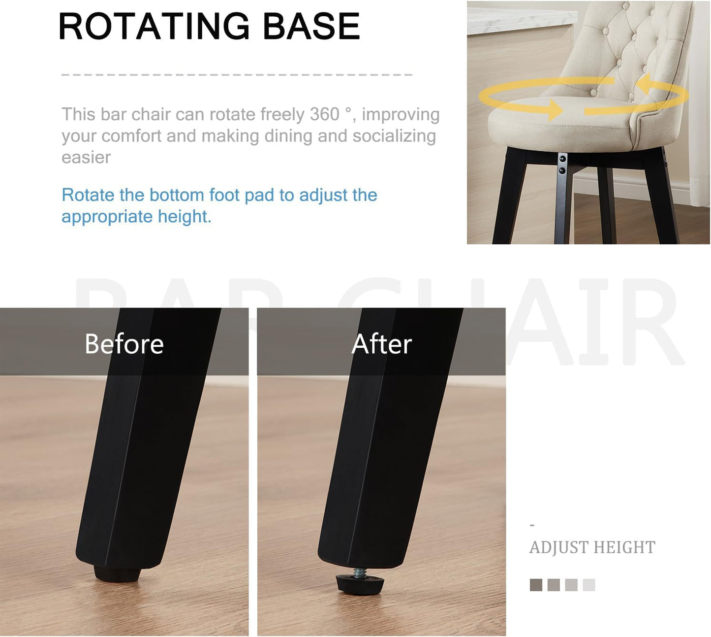 Swivel Bar Stools Set of 4, Linen Counter Height Bar Stools with Back, Wooden Bar Stools for Kitchen Island, Upholstered Bar Stools (Beige)-4