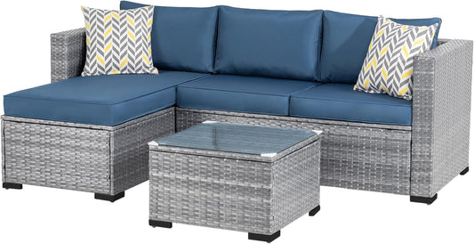 Patio Furniture Sets 3 Pieces Outdoor Sectional Sofa Silver All-Weather Rattan Wicker Sofa Small Patio Conversation Couch with Washable Cushion and Glass Table(Aegean Blue)-1