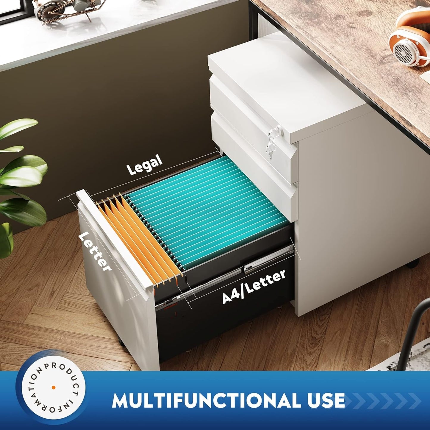 3 Drawer Mobile File Cabinet with Lock, under Desk Metal Filing Cabinet for Legal/Letter/A4 File, Fully Assembled except Wheels, White-4