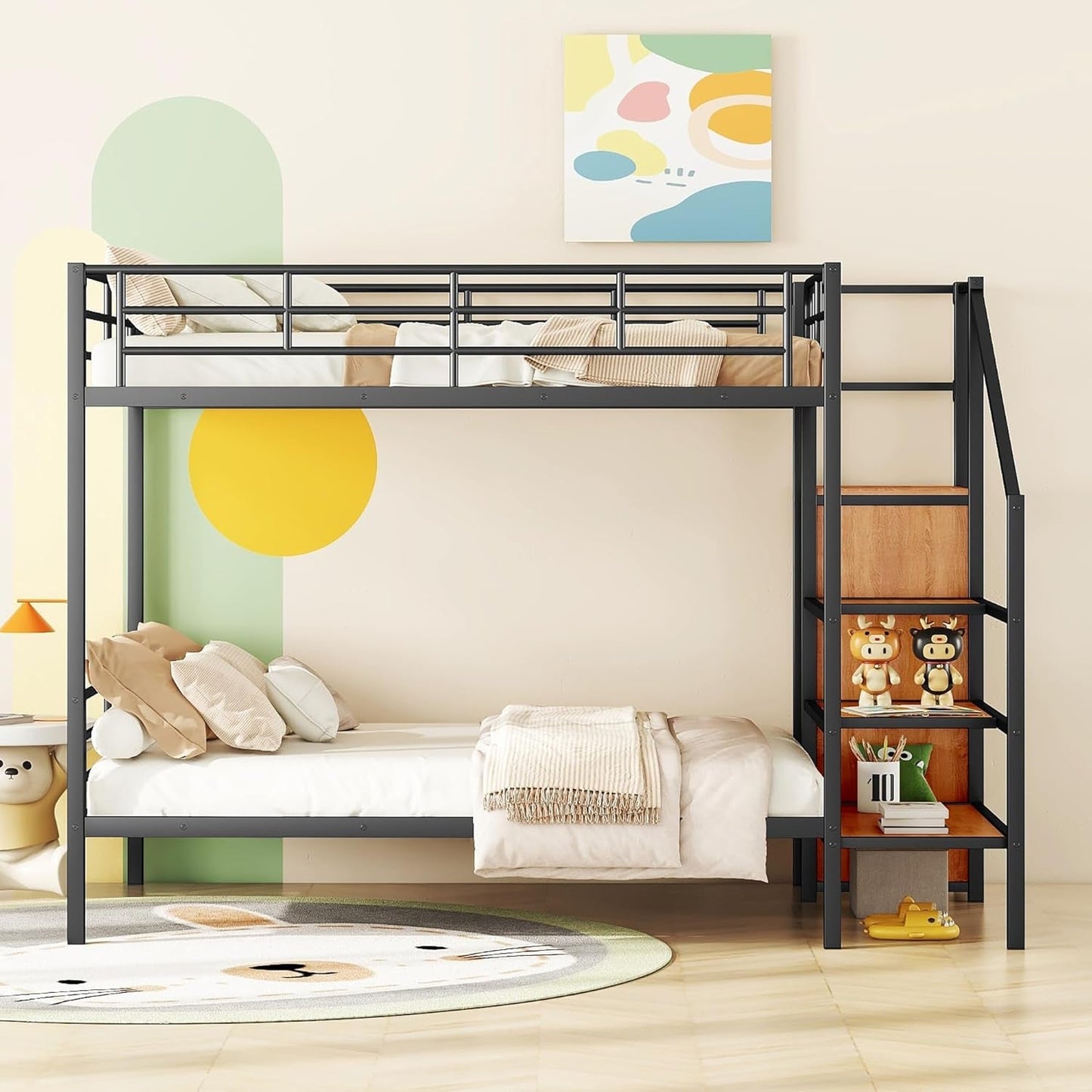 Full over Full Metal Bunk Bed,Bunk Bed with Storage Stairs and Wardrobe, Bunk Bed for Adults/Kids/Teens, Bunk Bed for School, Bedroom, Black-2