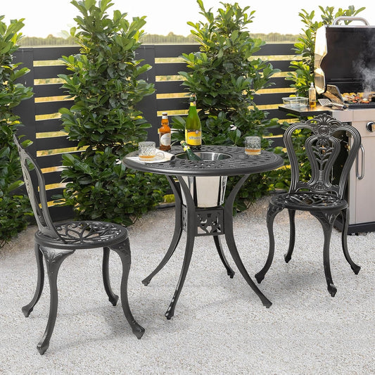 Bistro Set 3 Piece Outdoor All Weather Cast Aluminum Patio Bistro Set Patio Table and Chairs Set of 2 with Umbrella Hole for Backyard, Balcony, Lawn, Black-1