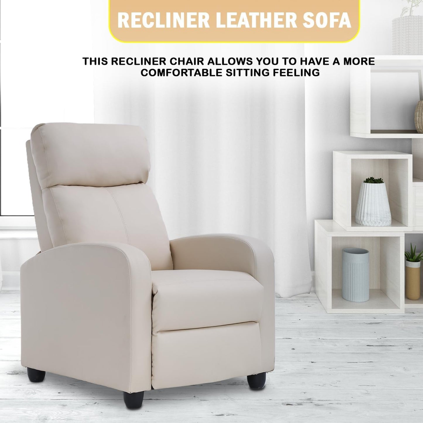 Recliner Chair Single Reclining Sofa Home Theater Seating with Lumbar Support and Padded Backrest for Living Room and Bedroom (Leather, Beige)-2