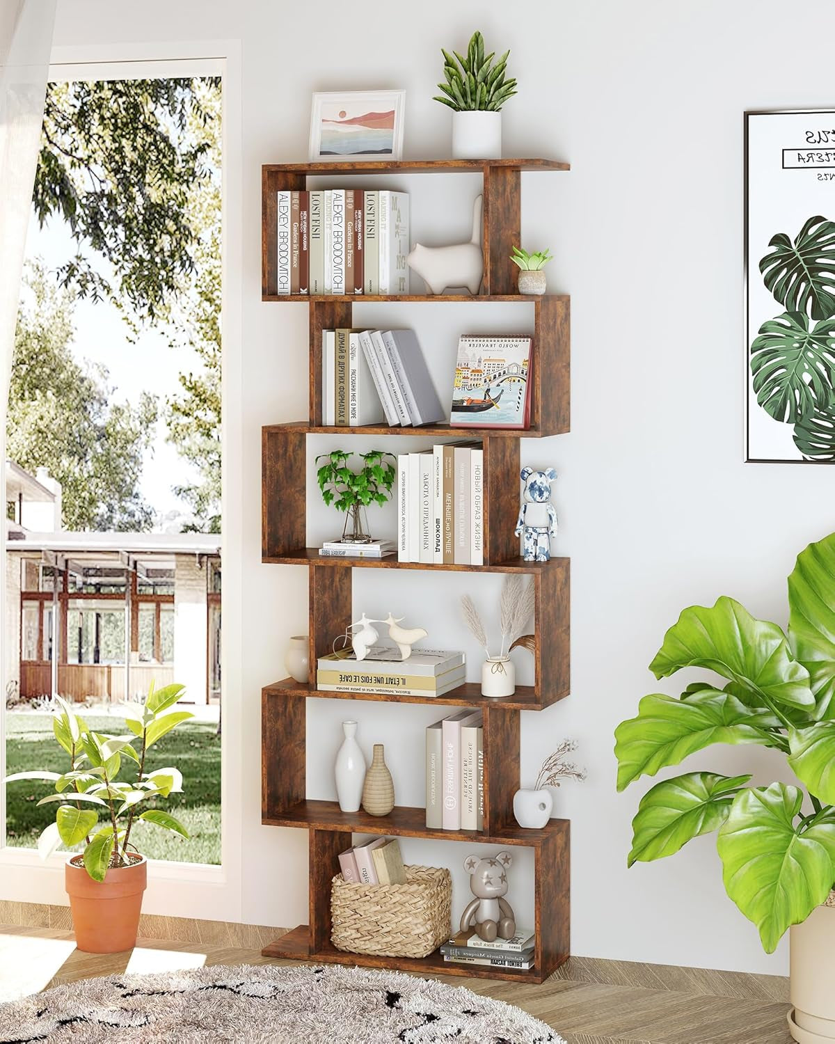 Geometric Bookcase, Bookshelf 6-Tier S Shaped Book Shelves for Bedroom, Modern Wood Decorative Display Shelf Tall Book Case for Home Office, Rustic Brown-1
