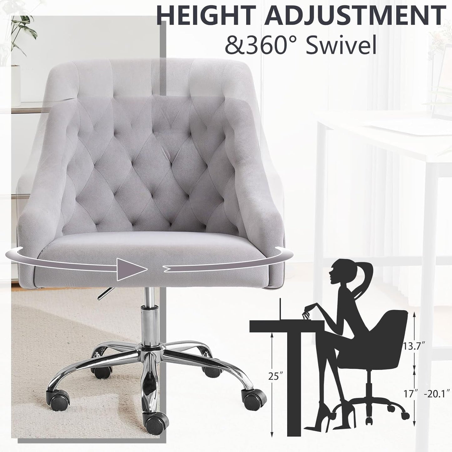 Velvet Office Swivel Chair, Vanity Chair, Fabric Desk Chair, Pretty Fancy Chair, Gold Office Chair for Girls, 360°Swivel Height Adjustable Reception Chair (Grey)-4