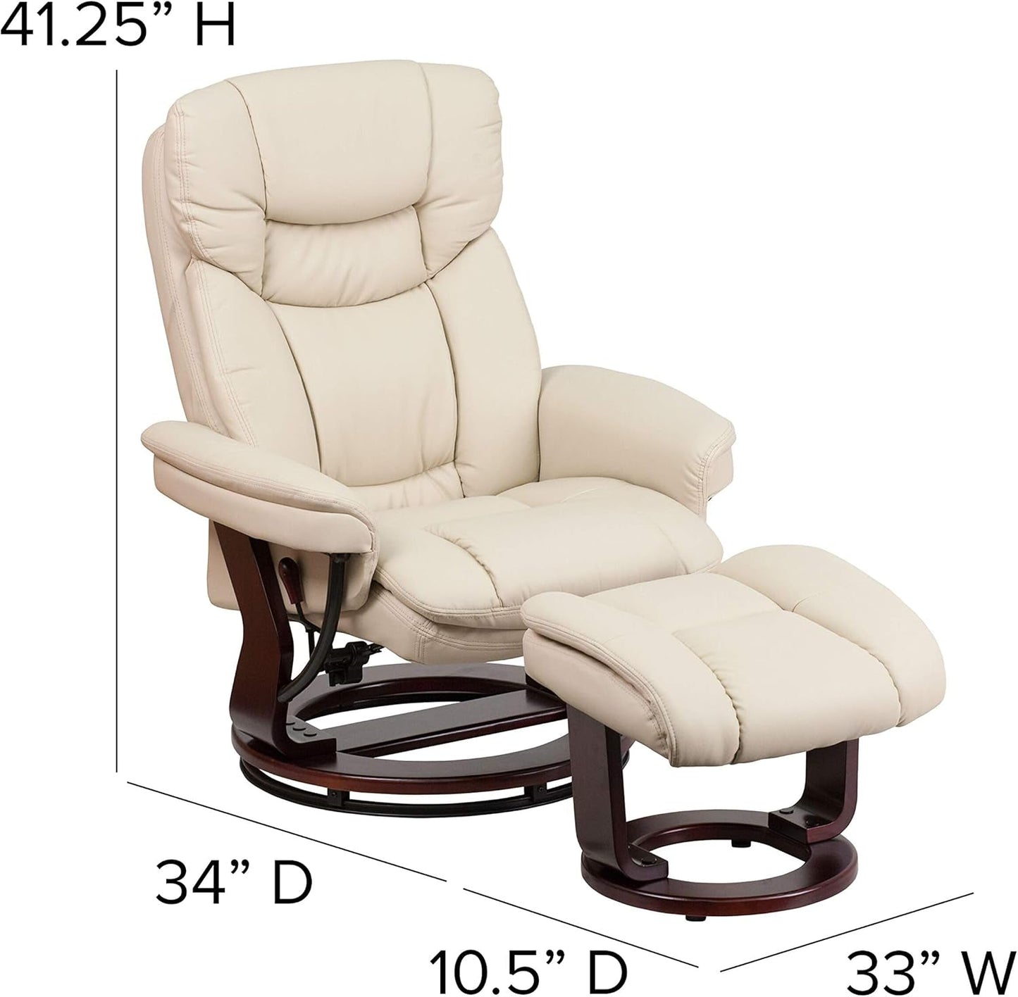 Allie Leathersoft Upholstered Recliner with Ottoman Footrest, Padded Swiveling Recliner Chair and Ottoman Set, Beige-2