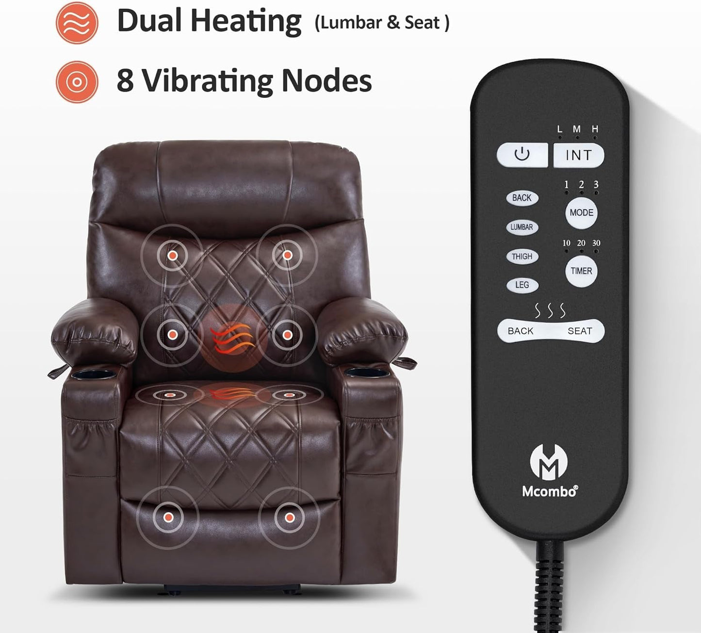 Small Size Power Lift Recliner Chair Sofa with Massage and Dual Heating, Adjustable Headrest for Elderly People Petite, USB Ports, Faux Leather 7111 (Dark Brown)-4