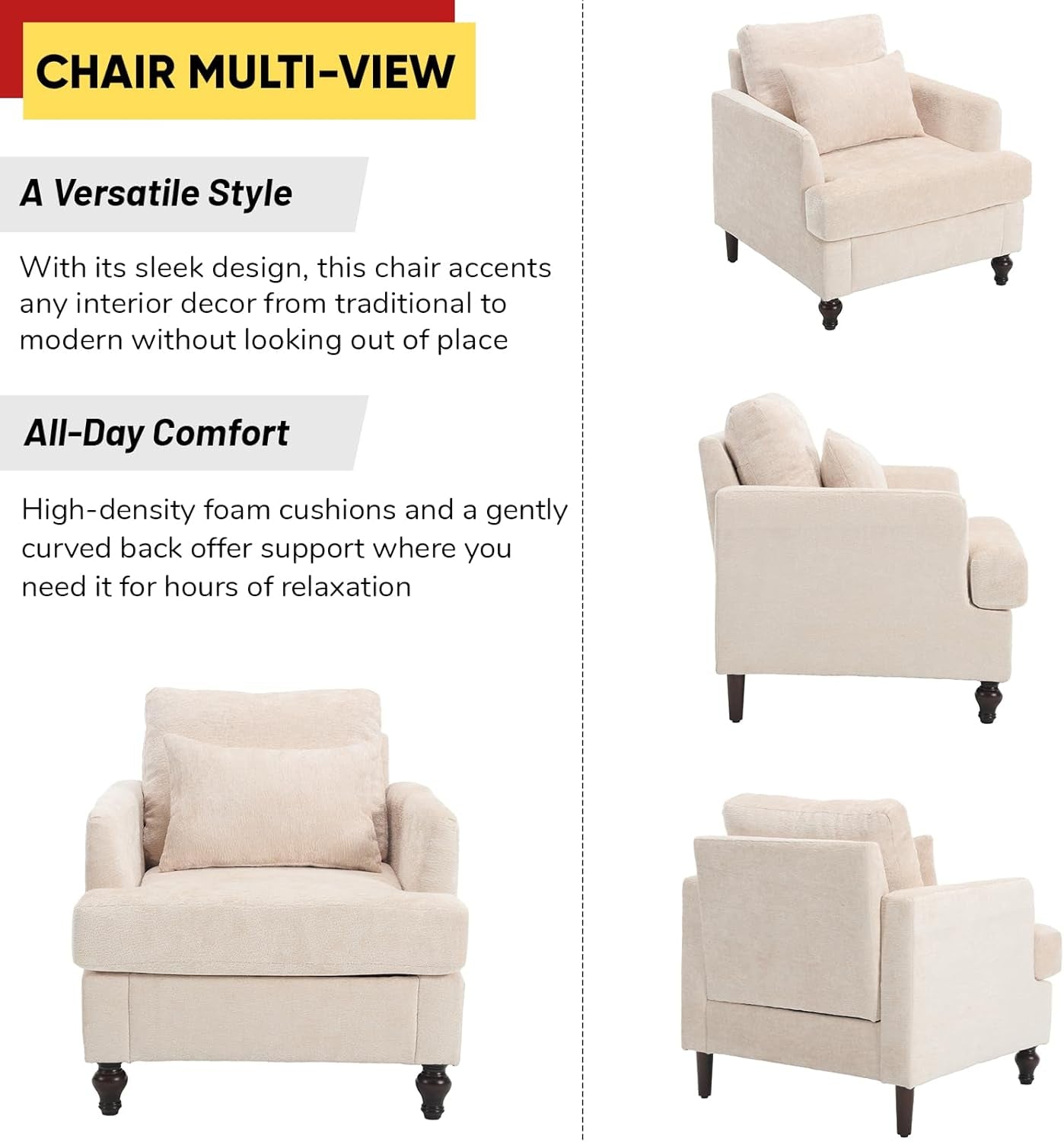 2 Pieces Living Room Furniture Sets, Loveseat Couch and Accent Chair, Mid-Century Modern Sofa Set for Living Room, Apartment, Office, Bedroom (Beige, Chenille)-4