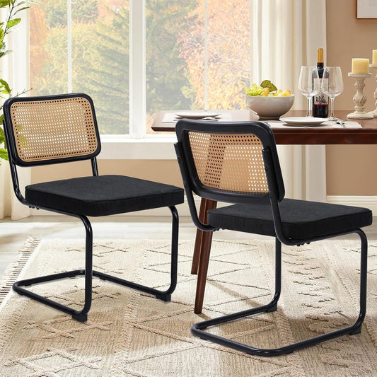 Modern Cesca Cane Dining Chairs, Set of 2, Handwoven Rattan Cane Back, Chrome Base, Upholstered Cotton Seat, Ideal for Kitchen or Dining Room, Black-1