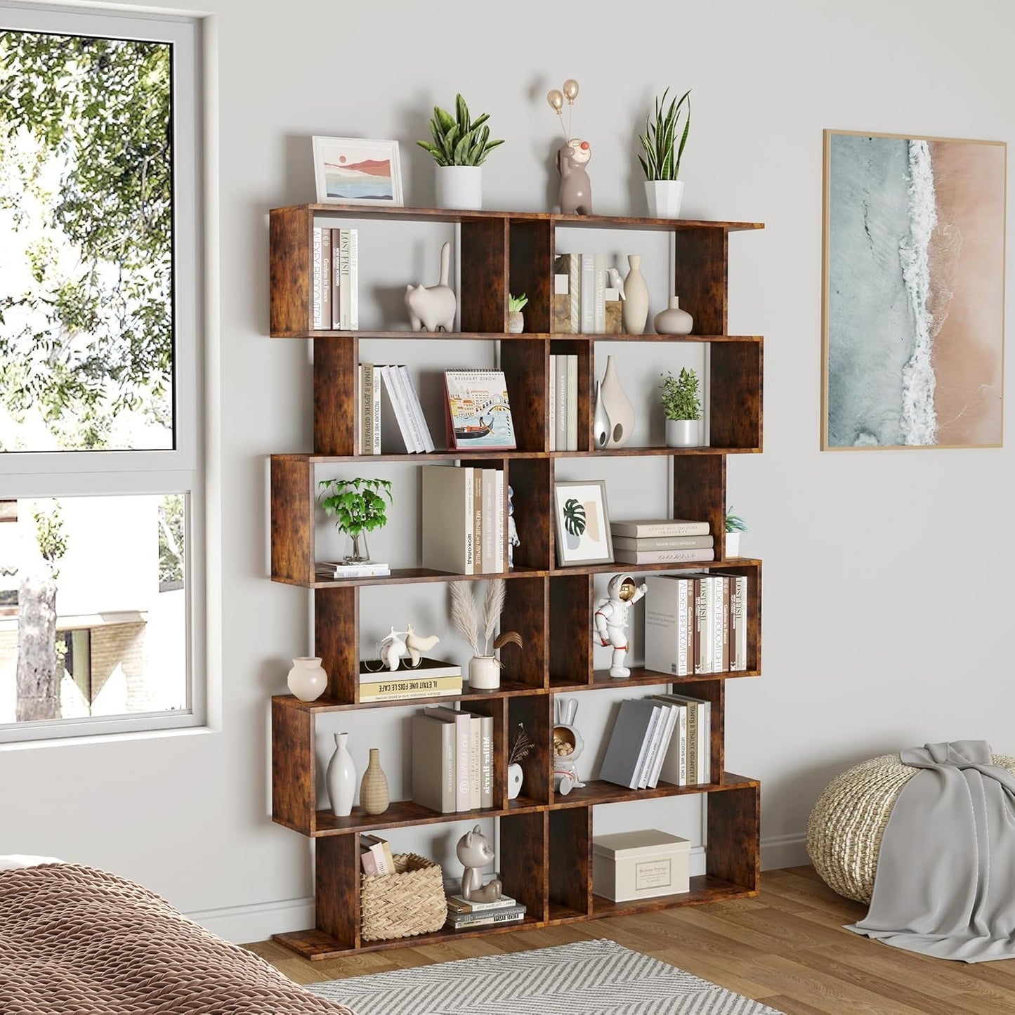 Geometric Bookcase, Bookshelf 6-Tier S Shaped Book Shelves for Bedroom, Modern Wood Decorative Display Shelf Tall Book Case for Home Office, Rustic Brown-4