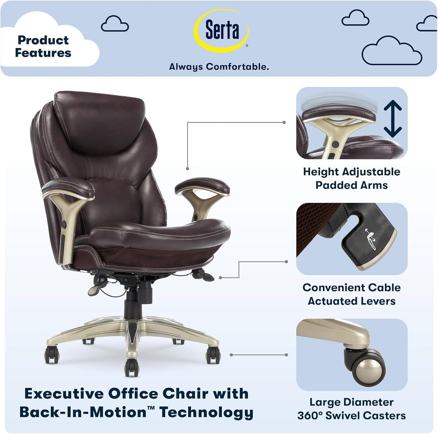 Claremont Ergonomic Executive Office Chair with Back in Motion Technology, Adjustable Mid Back Desk Chair with Lumbar Support, Bonded Leather, Chestnut Brown-3