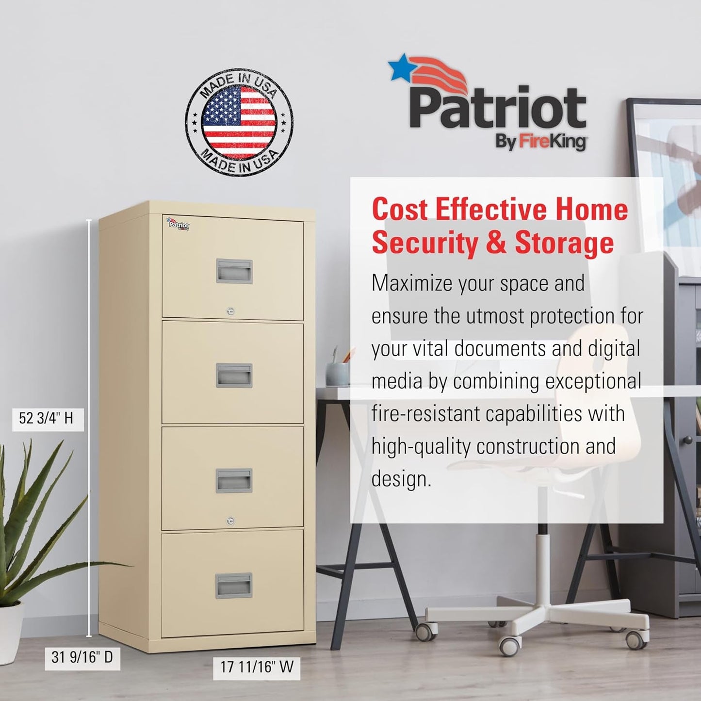 Patriot Vertical 4 Drawer Legal & Letter Fire Safe File Cabinet, Key Lock, 1 Hour Fire Rated UL Rated & Water Resistant, USA Made, Parchment-3