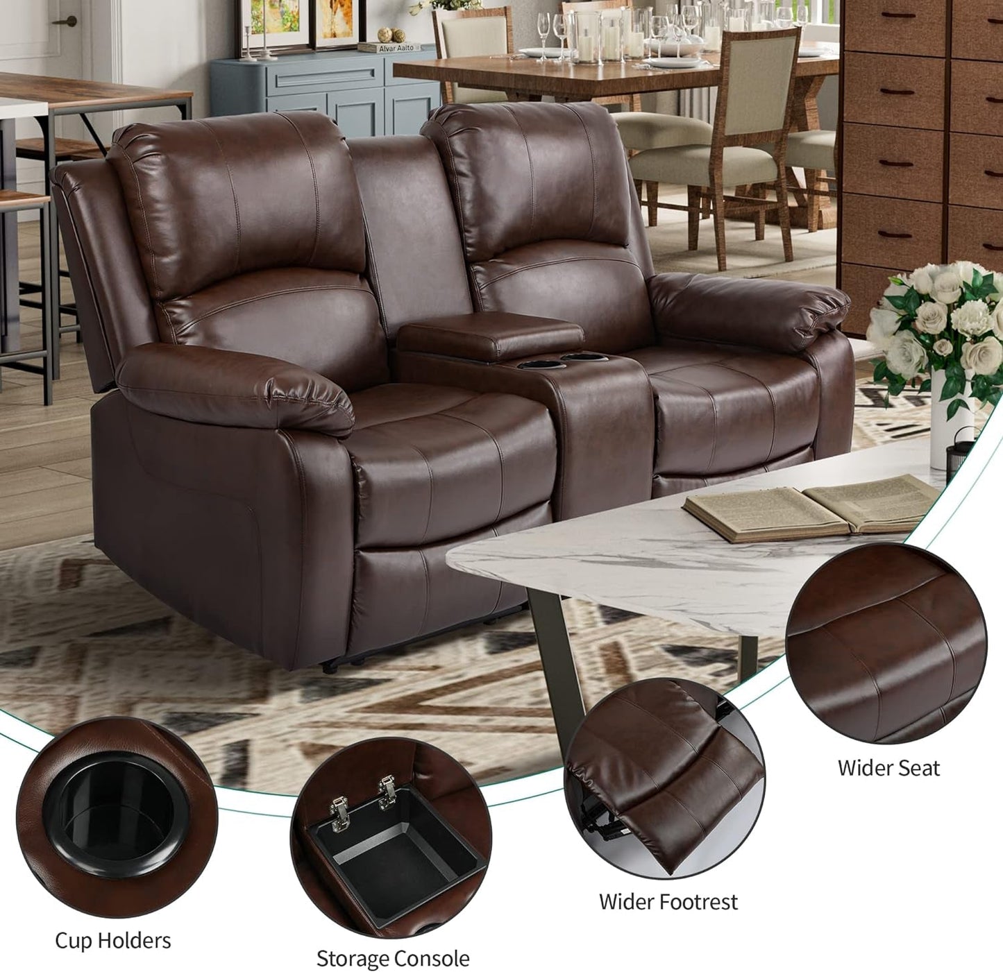 RV Loveseat Recliner, Manual Double Recliner, Love Seat Recliner Sofa with Storage Console, 2 Seater Home Theater Seating with Cup Holders and Side Pocket for Living Room, Office-4