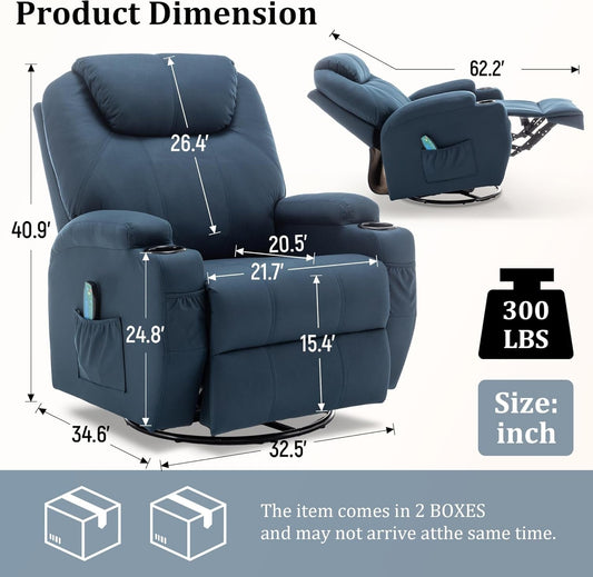 Recliner Chair, Rocking Chair with Massage and Heat, 360° Swivel Recliner Chairs for Adults, Rocker Manual Recliner with Remote Control and Cup Holder for Living Room, Bedroom, Nursery-1