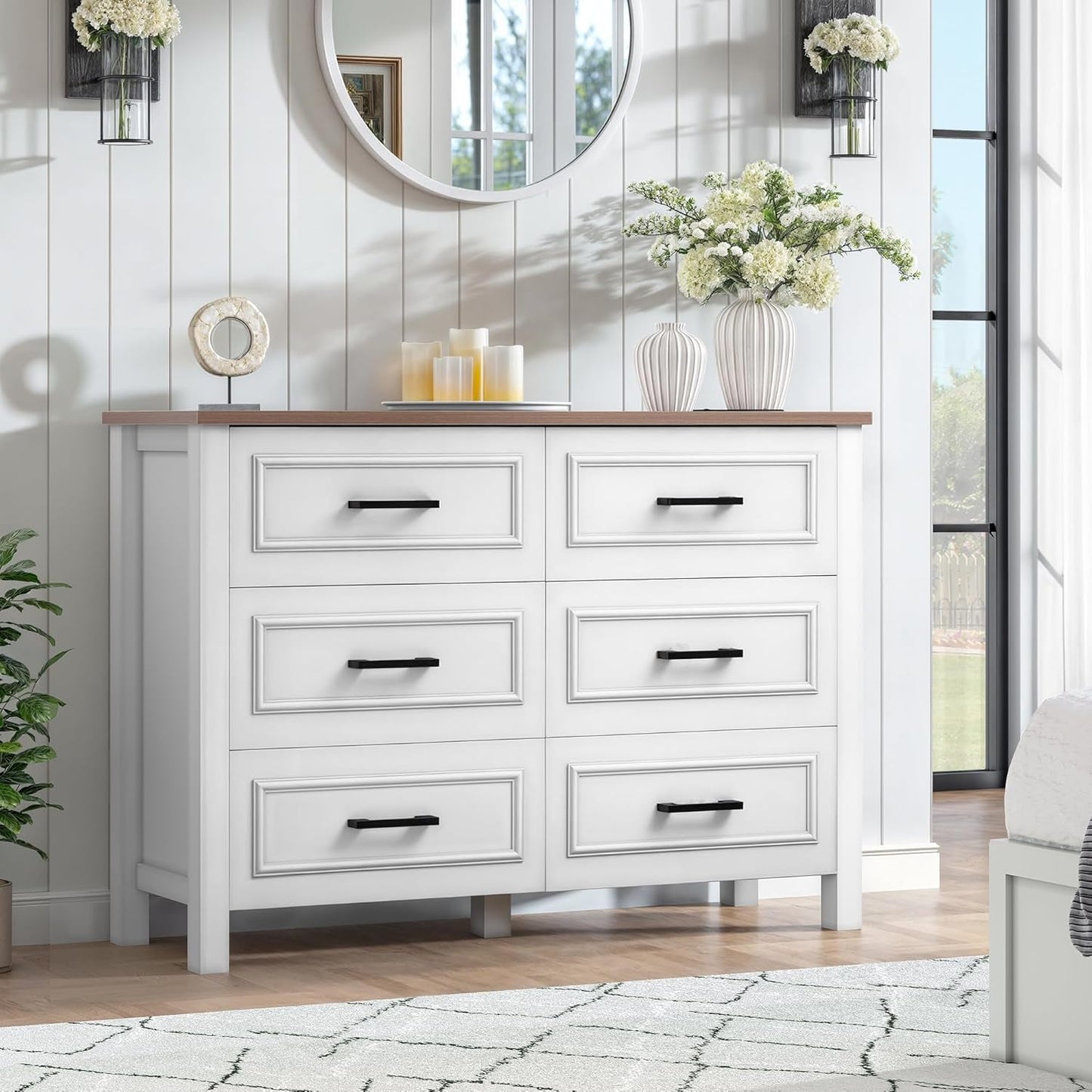 6-Drawer Dresser with Built-In Power Outlet, Wood Dresser TV Stand with 6 Large Drawers & Bar Handles, Dresser Chest of Drawers for Entryway Living Room Hallway, White & Walnut-3