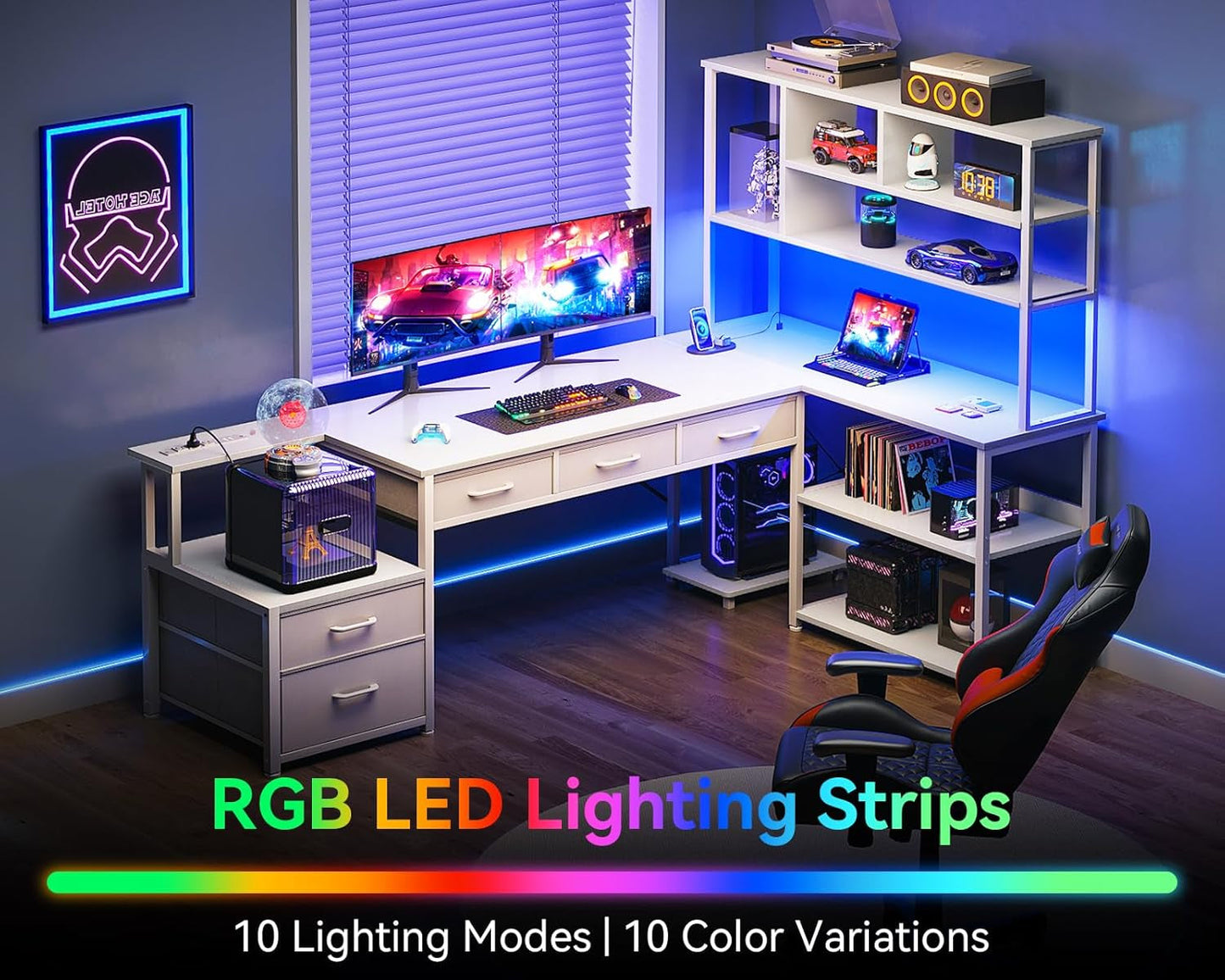 79 Inch L Shaped Desk with File Drawers, Reversible L Shaped Gaming Desk with Power Outlets & LED Lights, Computer Desk with Storage Shelves for Home Office, White-2