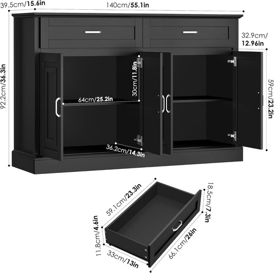 Sideboard Buffet Cabinet with Storage, 55.1" Large Kitchen Storage Cabinet with 2 Drawers and 4 Doors, Farmhouse Coffee Bar Display Cabinet for Kitchen Dining Room, White-1