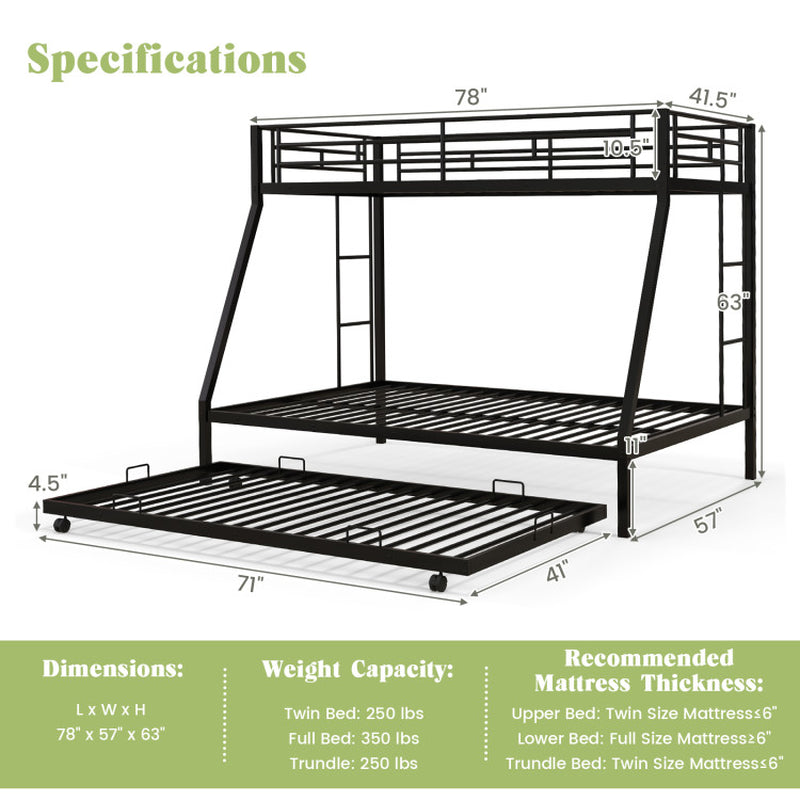 Twin over Full Bunk Bed Frame with Trundle for Guest Room-3