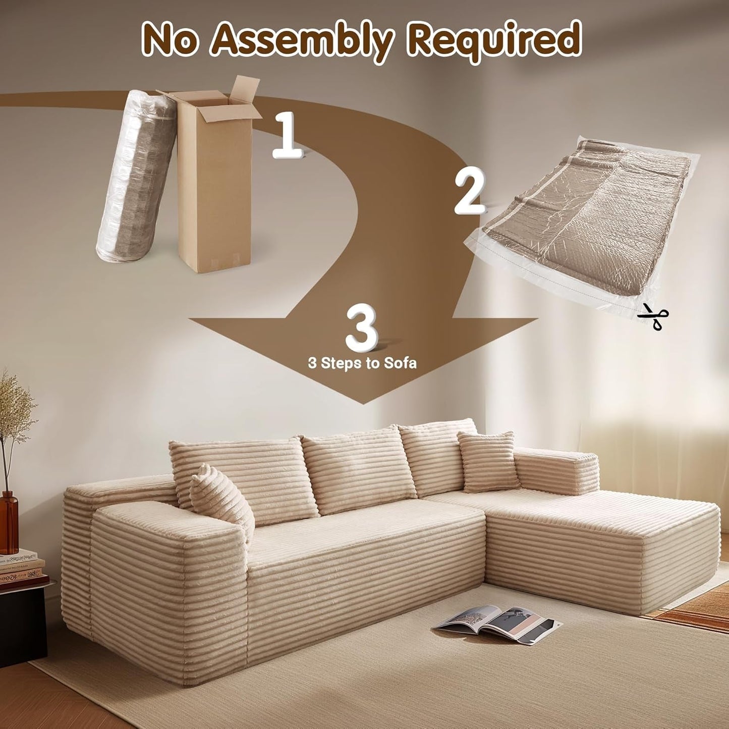 104" Cloud Sectionl Couch with L-Shpe Chise,Modern Modulr Sof with Deep Set, Upholstered Couches for Living Room Bedroom,No ssembly Required, Beige (Plush Corduroy Fbric)-3