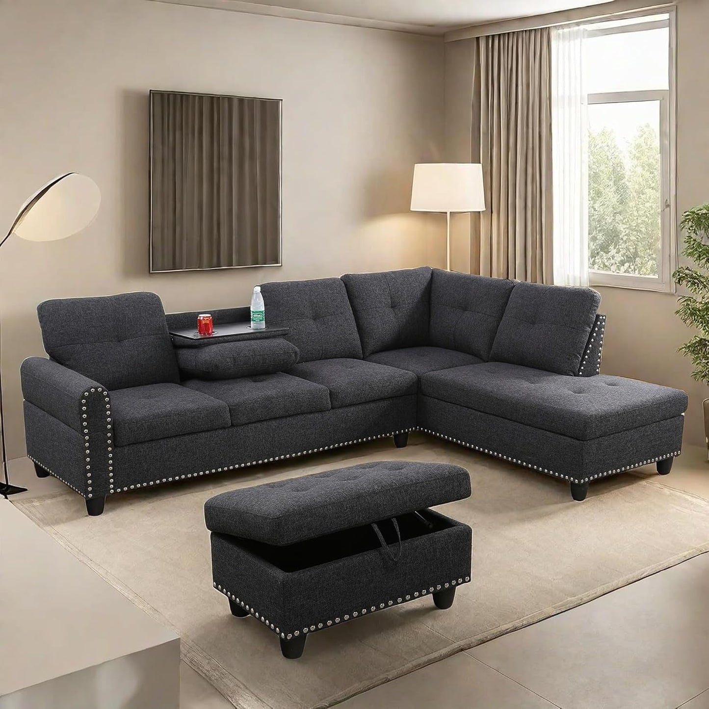L Shaped Sectional Couches, Modular Sectional Sofa with Ottoman Storage, Nail-Head Design Lounge Sofa with Reversible Cup Holder for Living Room, Bedroom, Gray-2
