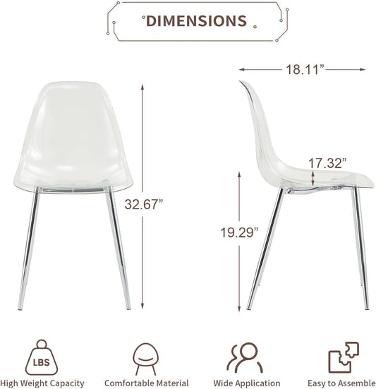 Clear Dining Chairs Set of 4, Modern Kitchen Chairs with Transparent Seat, Acrylic Accent Side Chairs with Metal Legs for Dining Room, Kitchen, Living Room with Silver-1