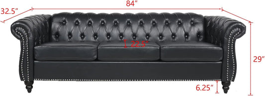 Modern 3 Seater PU Chesterfield Sofa, Upholstered Tufted Button Leather Chesterfield Couch, Classic Faux Leather Settee with Nailhead Trim Scroll Arms for Living Room Bedroom(Black)-1