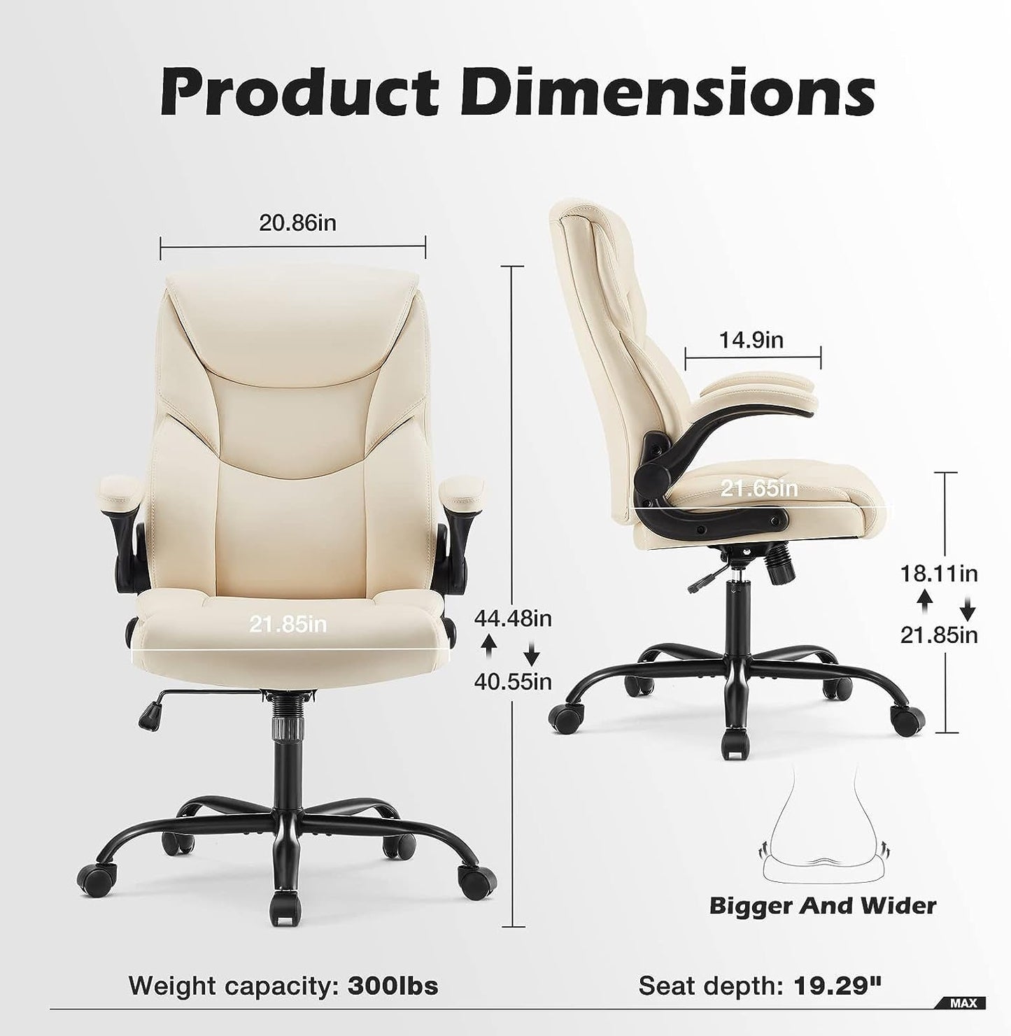 Office Chair - Ergonomic Executive Computer Desk Chairs with Adjustable Flip-Up Armrest, Swivel Task Chair with Lumbar Support, Strong Metal Base, PU Leather, White-2