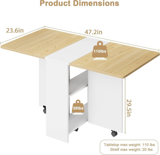 Folding Dining Table, Drop Leaf Dining Table with 6 Wheels and 2-Layer Storage Shelf, Space Saving Dining Table for Small Spaces (Natural Wood, 47.2" D X 23.6" W X 29.5" H)-1