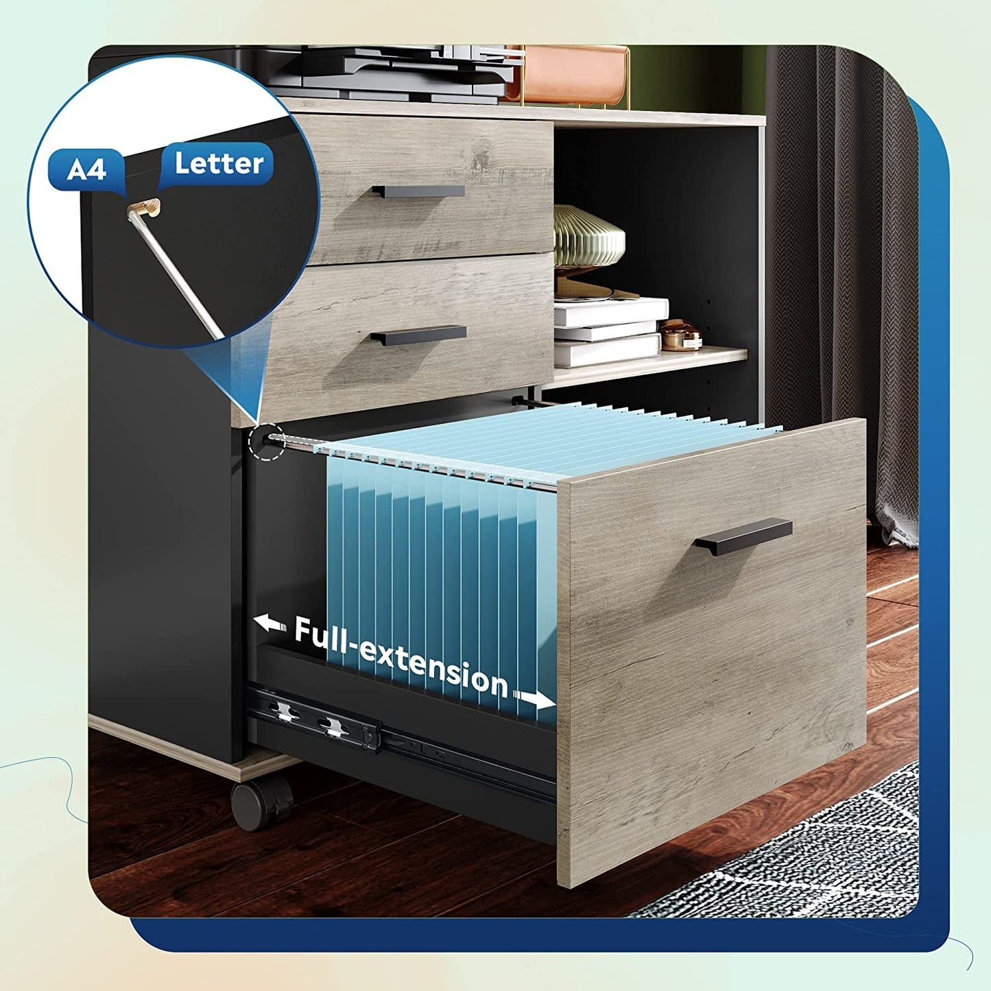 Mobile Wood File Cabinet with Printer Stand-2