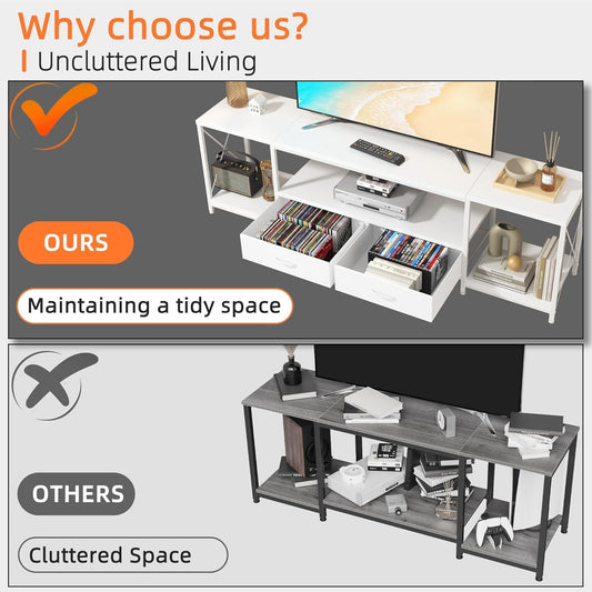 TV Stand with Fabric Drawers for 55 60 65 Inches TV - Entertainment Center and Industrial TV Console Table with Open Storage Shelves for Living Room, Bedroom - 55.1" White-1