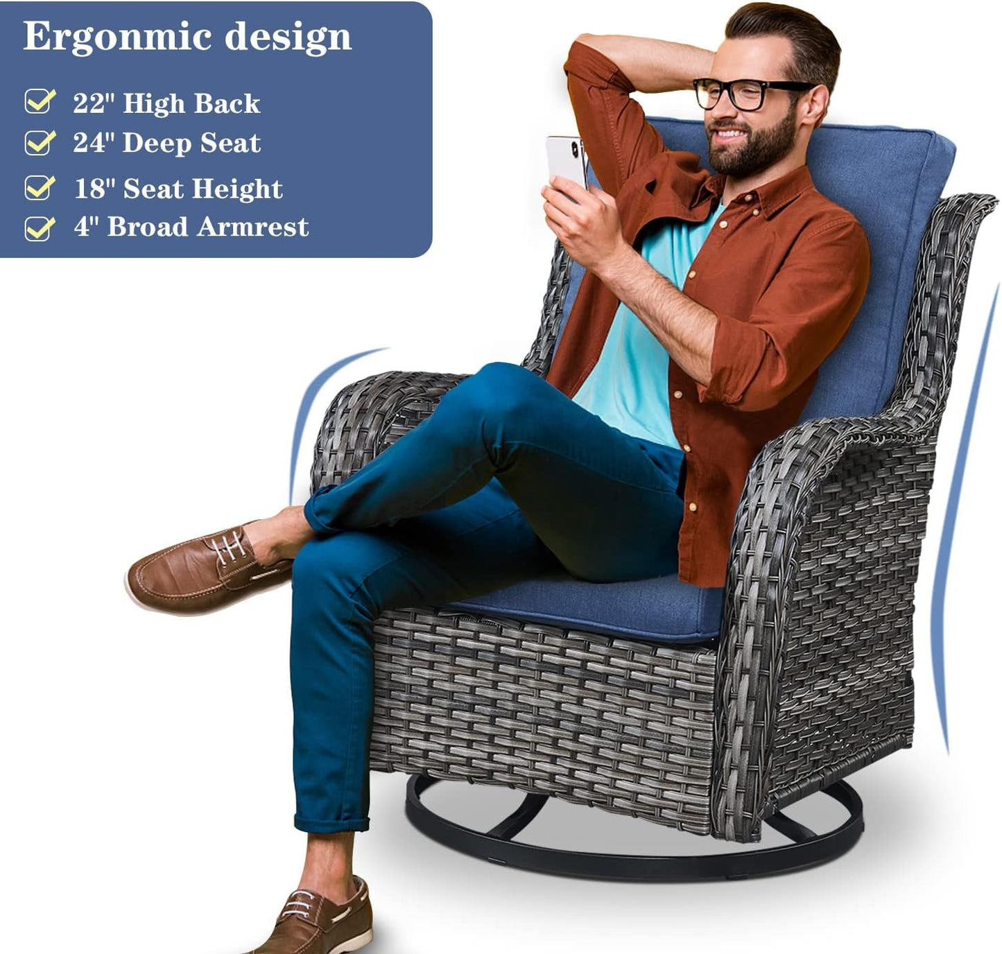 5 Pieces Patio Wicker Furniture Set - 4 Outdoor Swivel Rocker Glider Chairs with Propane Fire Pit Table, Patio Conversation Set Blue Cushion Perfect for Casual Gathering-4
