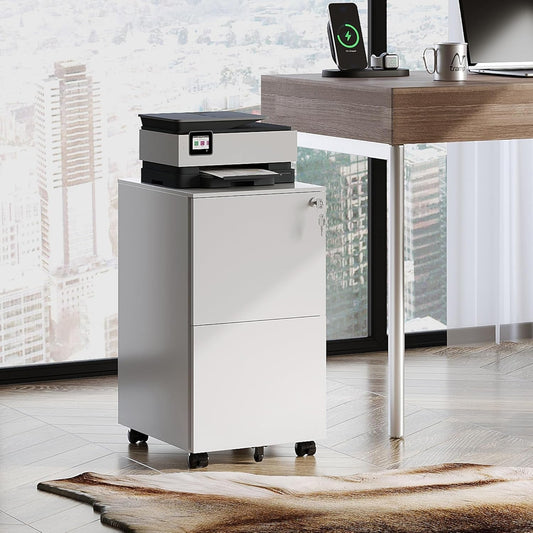 2-Drawer Rolling File Cabinet with Lock, Metal Filing Cabinet for Home Office, Fully Assembled under Desk Cabinet, White-1