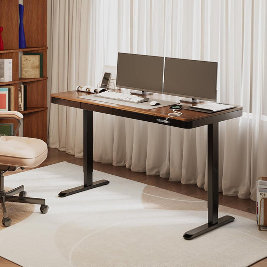 55" Electric Standing Desk with Drawers, Quick Assembly Home Office Sit Stand Desk with Storage, USB Charging, Computer Desk for Home Office (55" Wood, Dark Walnut/Black)-1