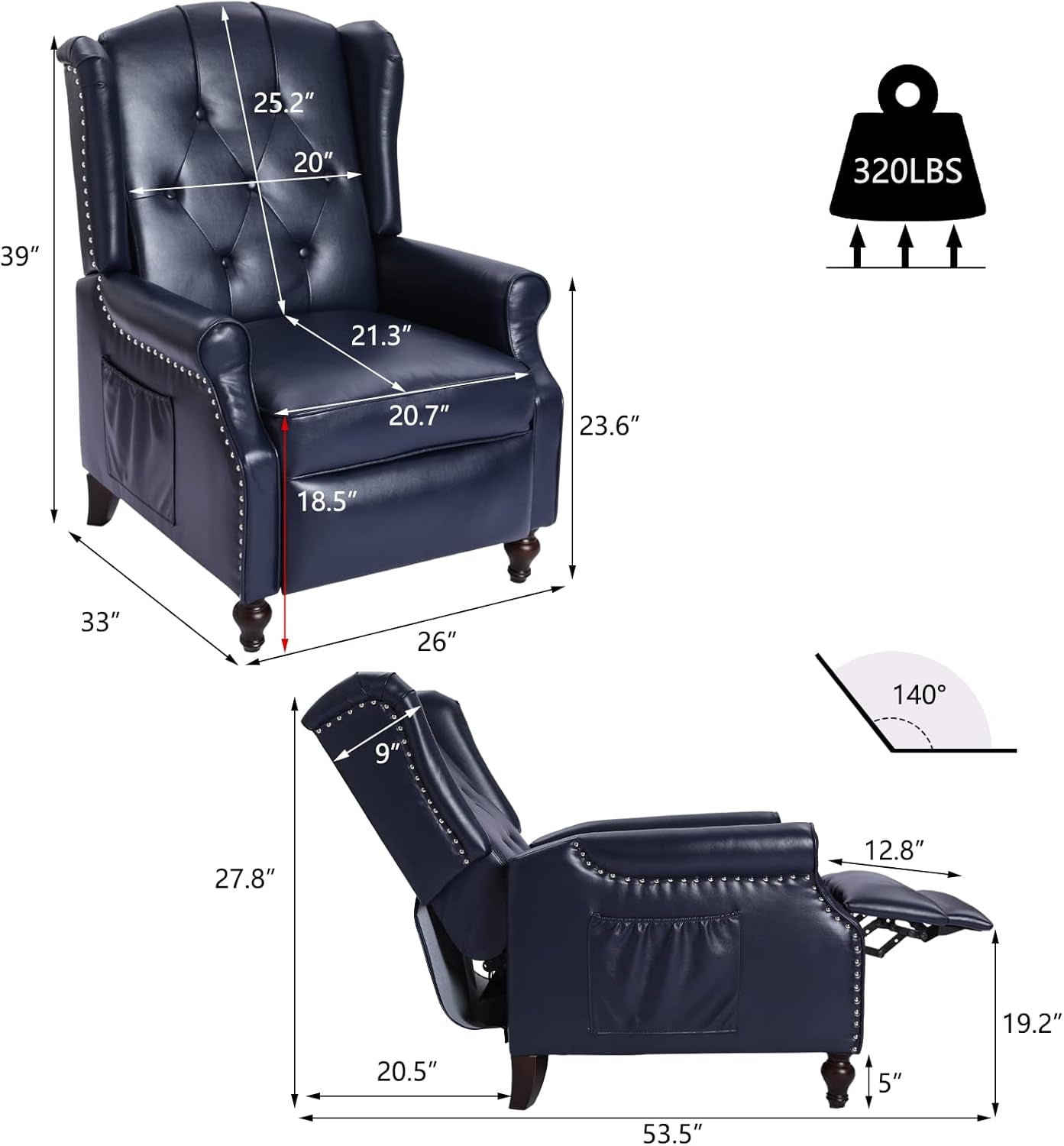 Wingback Recliner Chair with Massage and Heat - Tufted PU Leather Push Back Arm Chair for Living Room - Vintage Recliner Chair with Remote Control, Padded Cushion, Backrest, Wooden Legs-1