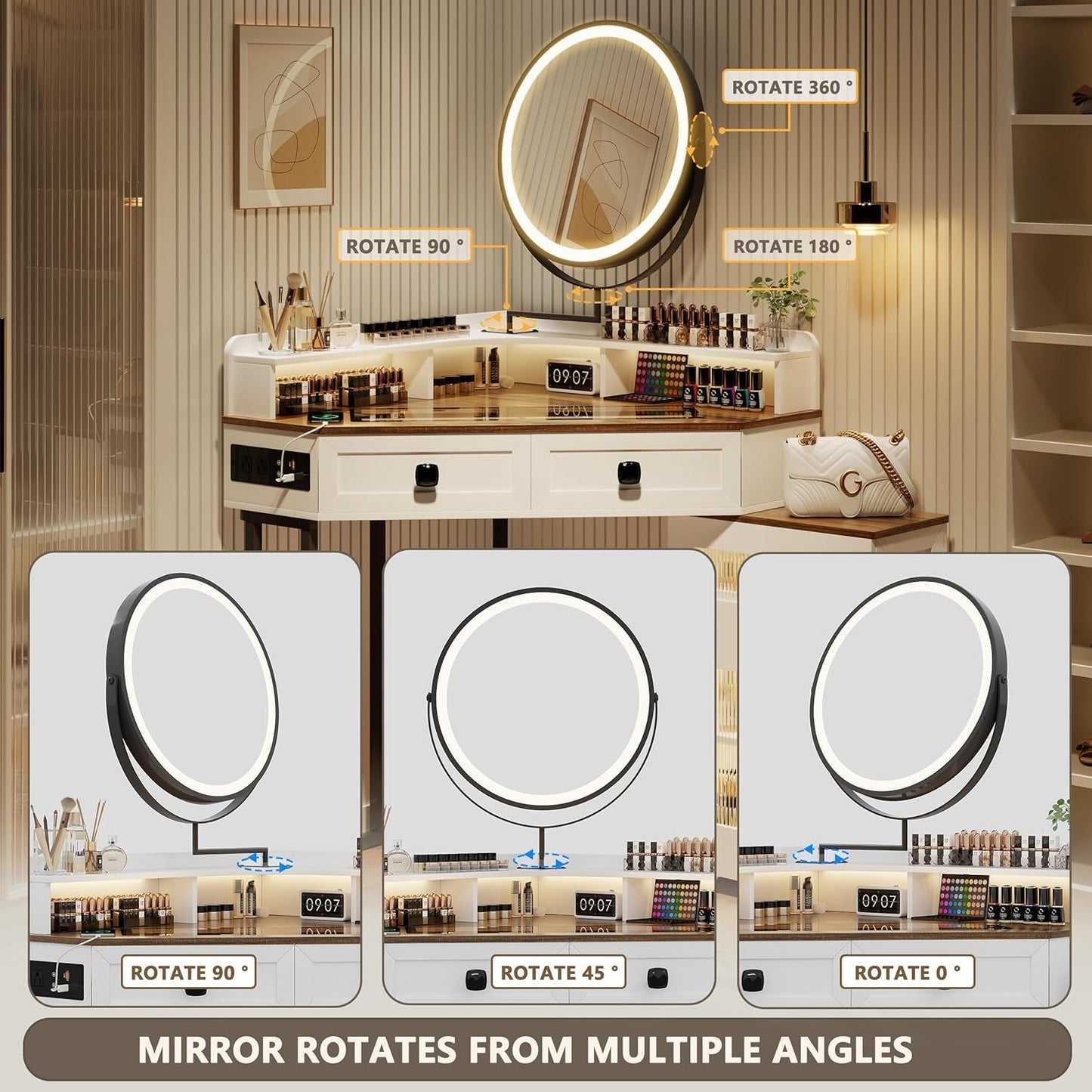 White Corner Vanity Mirror, Lights, Charging, Glass Top-4