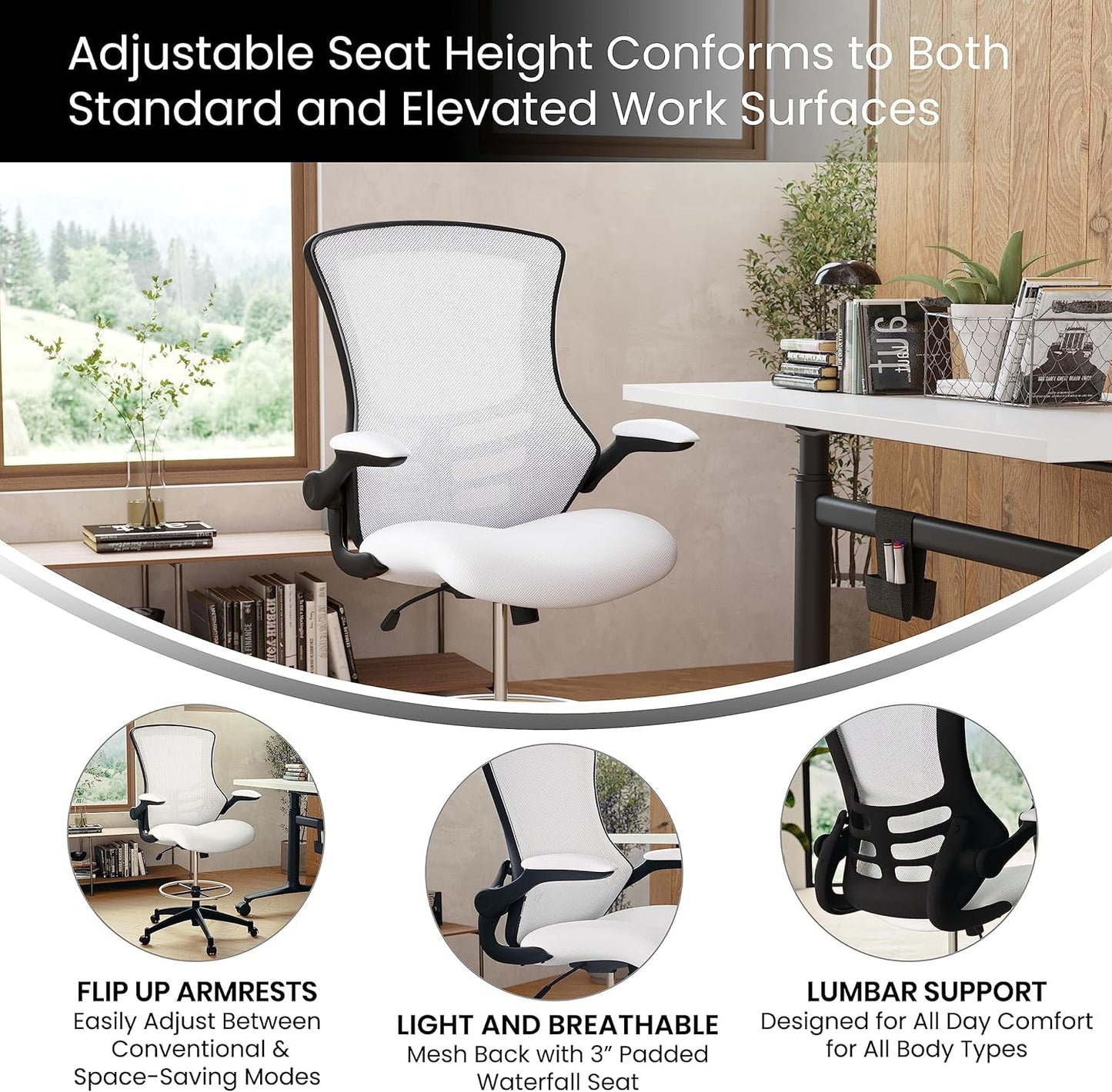 Kelista Mid-Back White Mesh Ergonomic Drafting Chair | Adjustable Foot Ring, Flip-Up Arms | Comfort and Productivity-3