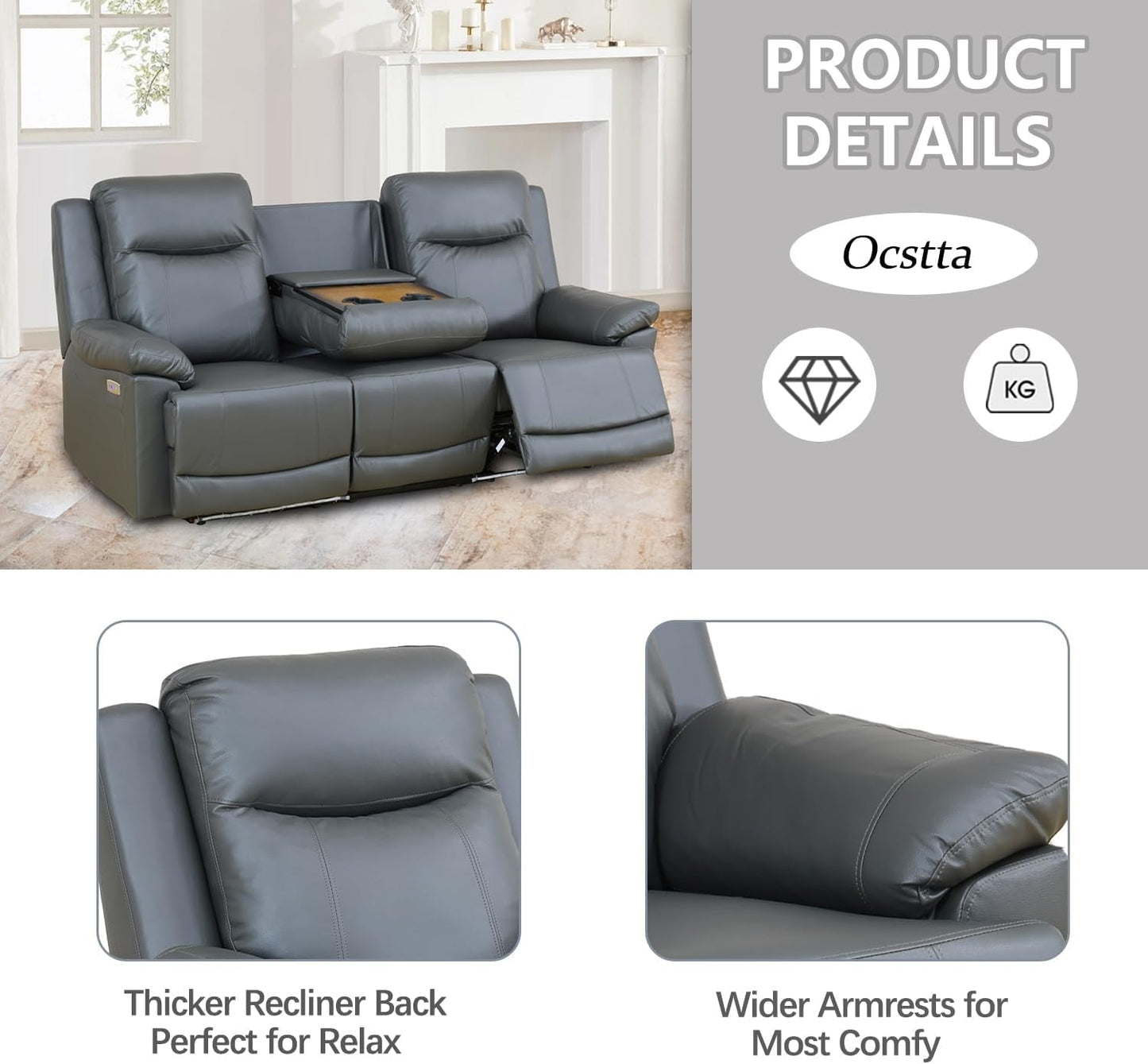 Power Leather Recliner Sofa Set with LED Lights,Living Room Furniture Set, Leather Sofa Set with USB Port/Storage Console/Cup Holders(Recliner Sofa Set) Dark Grey-2
