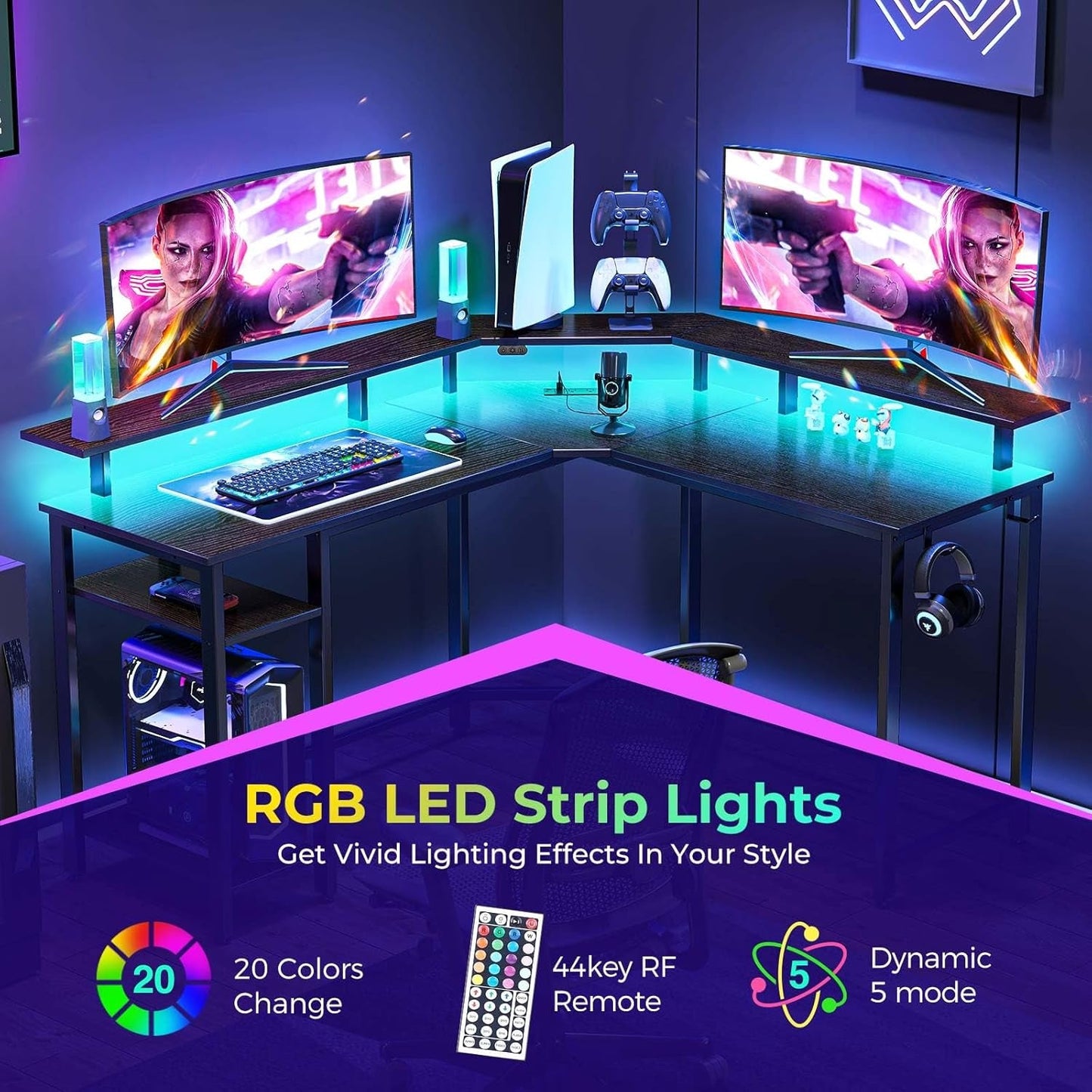 L Shaped Gaming Desk with LED Lights & Power Outlets, 46.2" Computer Desk with Full Monitor Stand & Storage Shelf, Corner Desk with Hooks, Black Desk Reversible-3