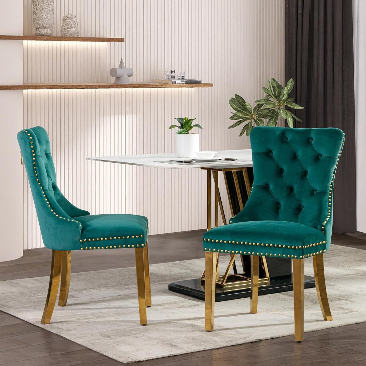 Velvet Dining Chair Set of 2, Upholstered Tufted Dining Room Chair with Nailhead Trim and Stainless Steel Gold Plated Leg for Kitchen, Green-2