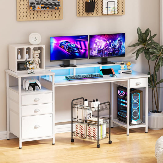 White Computer Desk with 4 Drawers, 60" Long Office Desk with Fabric File Cabinet and Power Outlets, Gaming Desk with LED Lights, Study Writing Work Desk with Shelf for Home Office-1
