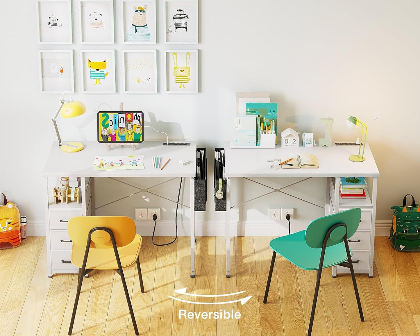 32-Inch Small Vanity Desk with Fabric Drawers and Charging Station, Kids Girls Teen Study Writing Desk for Bedroom, Home Office Computer Desk with Storage Shelf & Bag for Small Space, White-3