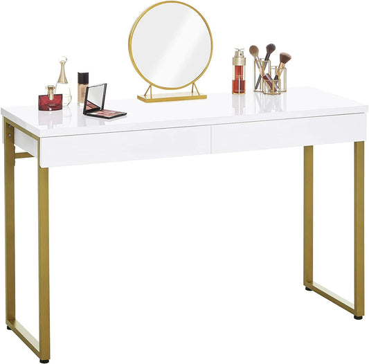 White Glossy Vanity Desk with Gold Legs, 2 Drawers-1