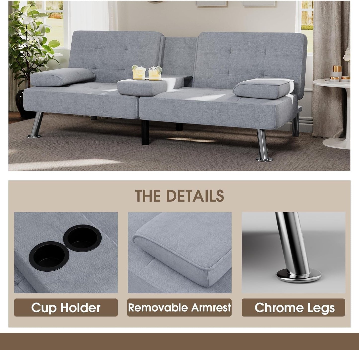 Futon Sofa Bed Modern Folding Futon Set Linen Fabric Convertible Recliner Lounge for Living Room with 2 Cup Holders, Removable Armrests (Fabric, Light Grey)-4