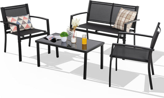 4 Pieces Patio Furniture Set All Weather Textile Fabric Outdoor Conversation Set, with Glass Coffee Table, Loveseat, 2 Single Chairs for Home, Garden, Lawn, Porch(Black)-1
