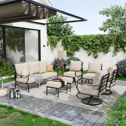 Patio Furniture Set 7 Pcs, Metal Outdoor Furniture Patio Set, 3-Seat Sofa, 2 X Swivel Chairs, 2 X Single Chairs, 2 X Ottomans, 5.75" Extra Thick Cushion Outdoor Patio Furniture Set, Beige-1